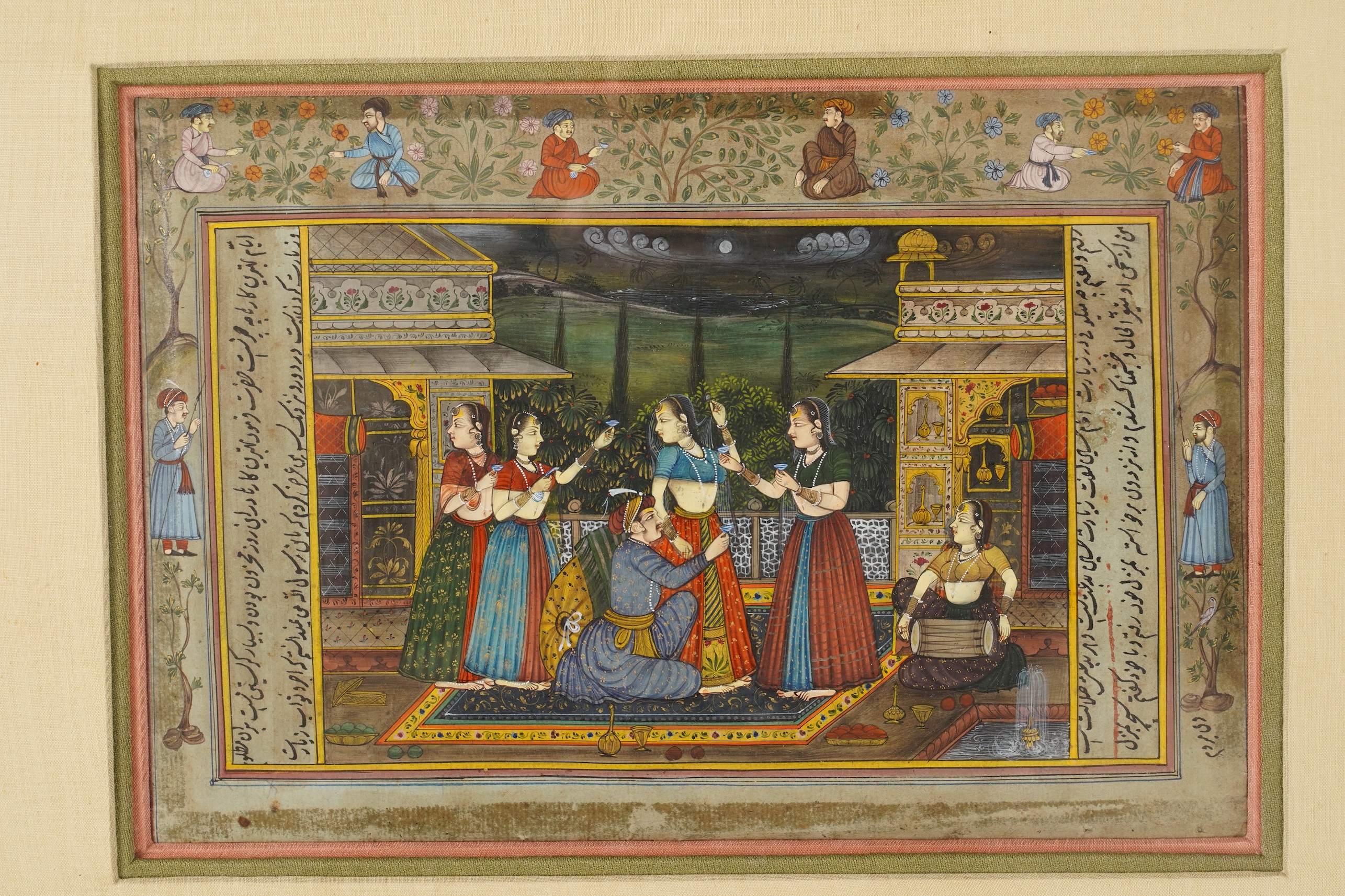Indo-Persian school , (19th century), Mughal court scenes, Two gouache miniature paintings, Inscribed picture 18cm x 26.5cm, the second including borders 16.5cm x 26.5 cm